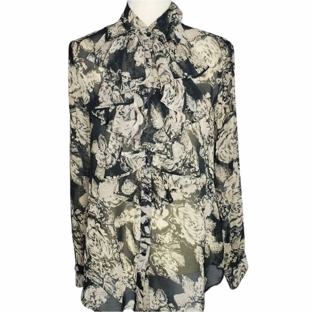 CABI #555 irresistible ruffle floral polyester top blouse S